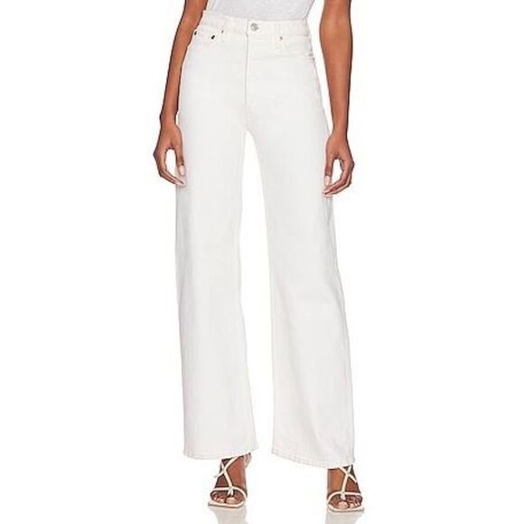 Re/Done Denim - Re/done white high waisted button fly straight leg distressed hem jeans size 26